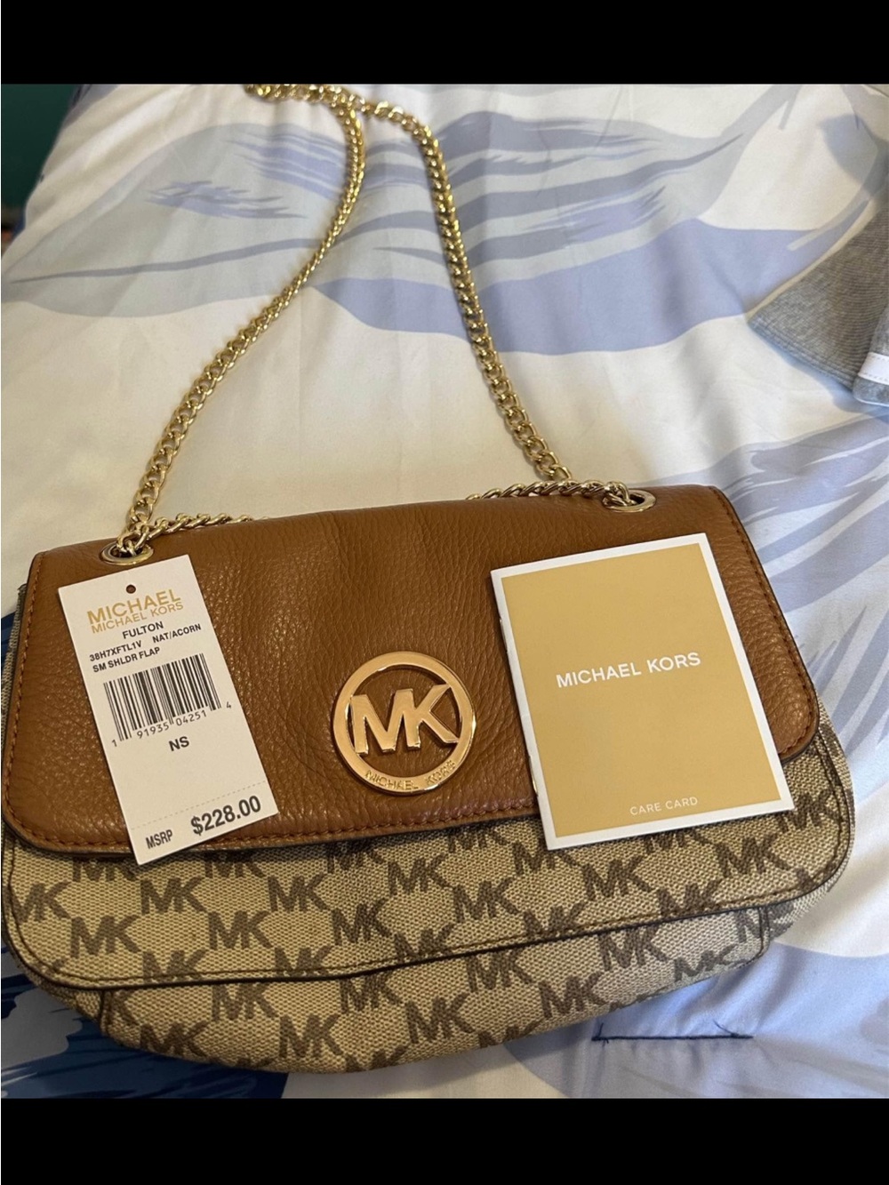 Michael Kors Tan & Beige MK Logo Chain Crossbody Bag